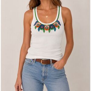 Tory Burch Embellished Ribbed Tank Top Size S White Floral Beaded Cotton